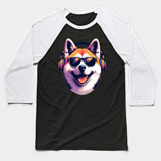 Akita Smiling DJ: Headphones, Sunglasses, and Joy Baseball T-Shirt